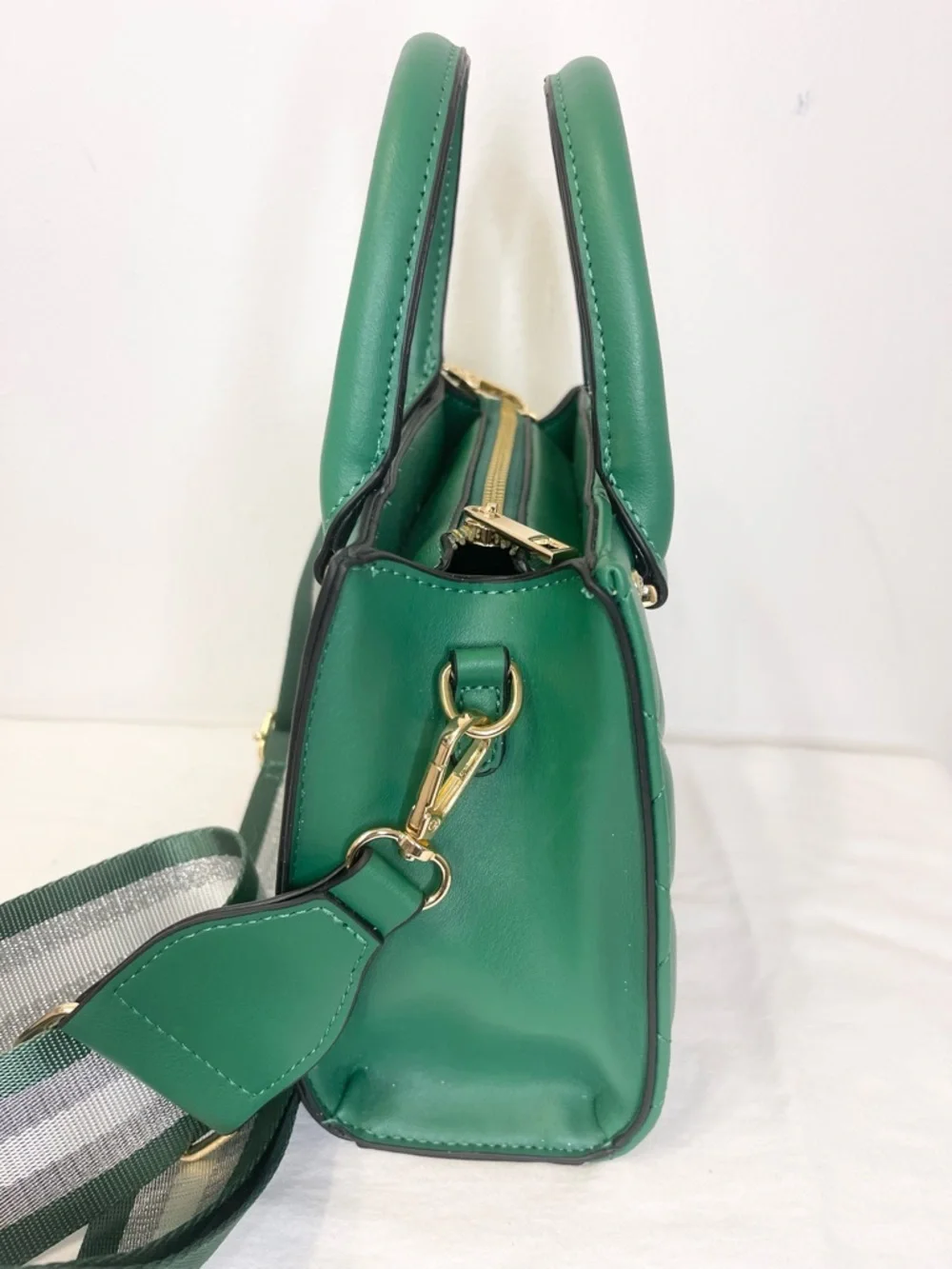 Kayla Ava Emerald Quilted Stud Satchel with Striped Crossbody Strap